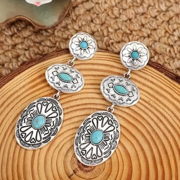 Boho Silver and Turquoise Dangle Earrings - Picture 1 of 5